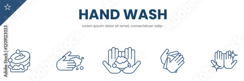 Hand Wash Guide.  Step-by-step instructions for proper handwashing technique icon set.