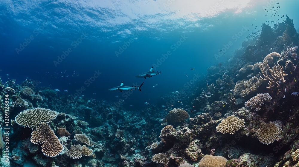 Obraz premium A deep coral wall, with larger pelagic species like barracudas and sharks cruising along the edge,AI Generative.