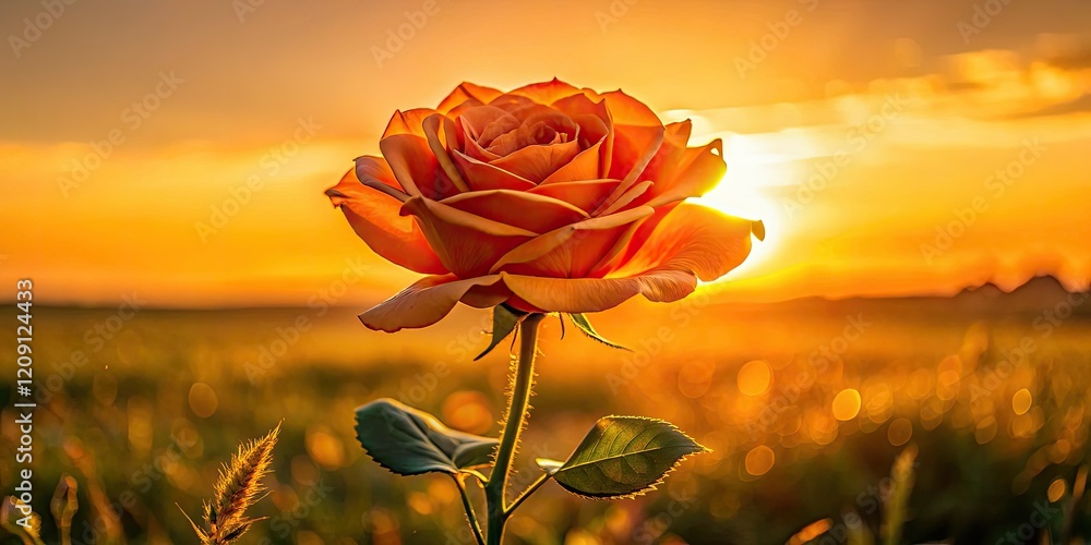 Sunset silhouettes: a blooming orange rose, backlit, its floral form a fiery, summery contrast. Sunset silhouettes: a blooming orange rose, backlit, its floral form a fiery, summery contrast.