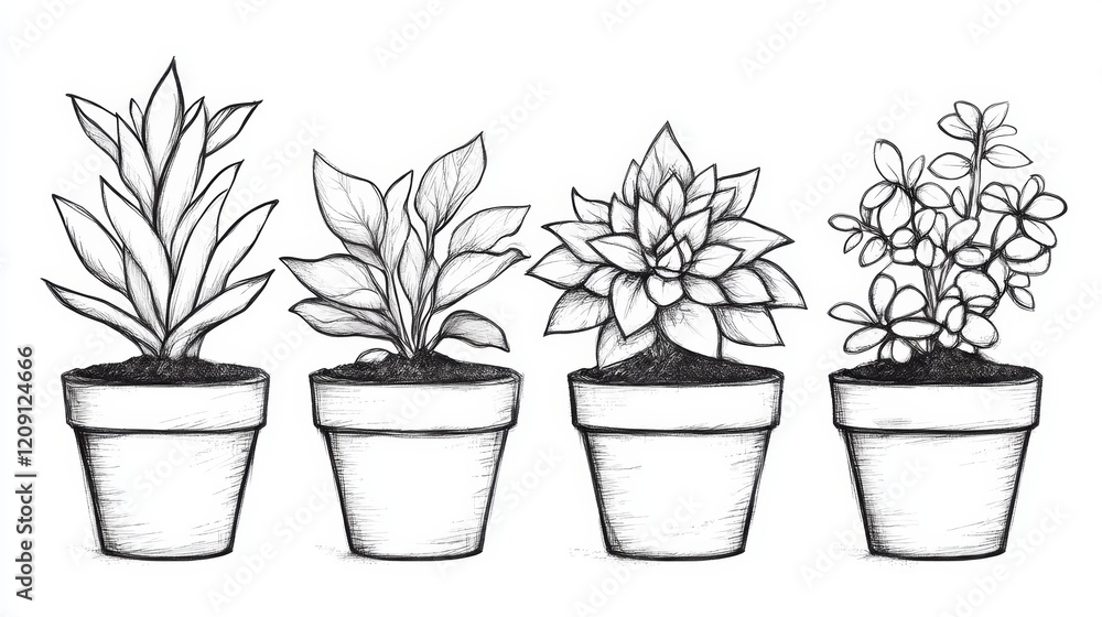 Fototapeta premium Potted Plants Sketch A Collection of Houseplants in Pots