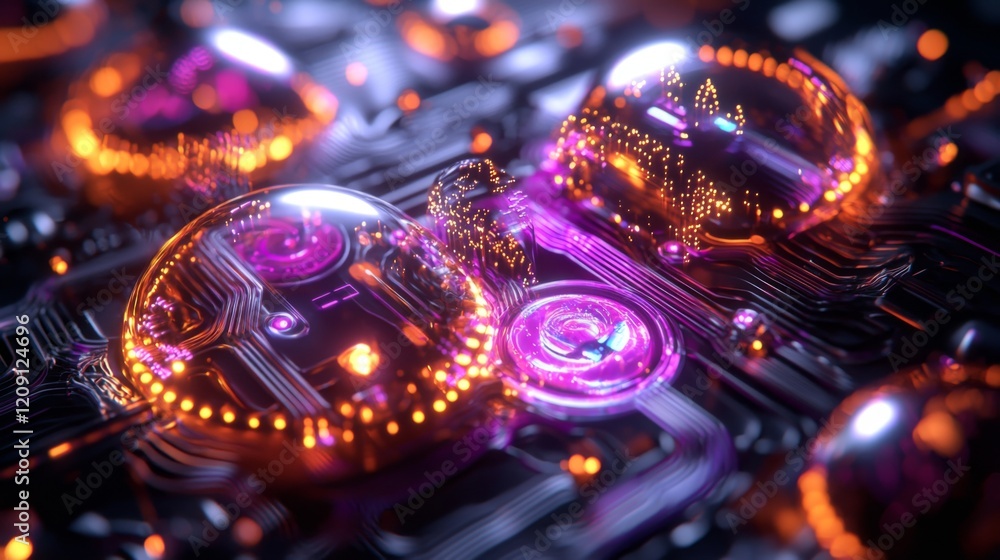 Abstract Futuristic Technology Background Glowing Circuit Board with Spheres and Neon Lights Abstract Futuristic Technology Background Glowing Circuit Board with Spheres and Neon Lights