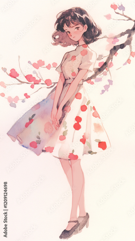 春の訪れ|桜と和装の女性の幻想的なアート。柔らかな水彩タッチのイラスト。スマートフォン9:16のアスペクト比 春の訪れ|桜と和装の女性の幻想的なアート。柔らかな水彩タッチのイラスト。スマートフォン9:16のアスペクト比