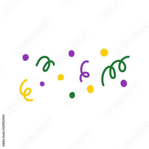 Mardi Gras Confetti Symbol. Hand drawn swirls and dots. Festival and carnival decorative design element for greeting card decoration. Vector illustration