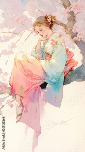 春の和風ポートレート｜柔らかな桜と女性の水彩画。柔らかな水彩タッチのイラスト。スマートフォン9:16のアスペクト比	