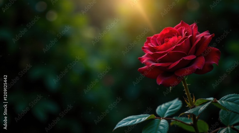 Obraz premium A Single Crimson Rose Illuminated by Golden Sunlight in a Lush Garden