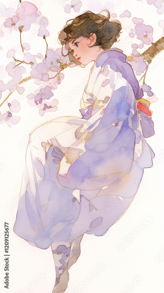 日本の伝統美｜桜と着物を纏った女性の繊細なアート。柔らかな水彩タッチのイラスト。スマートフォン9:16のアスペクト比	