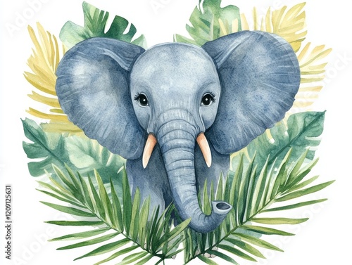 Watercolor Illustration of Tropical Animal Portrait - Exotic Elephant for Kids Summer Party Poster photo