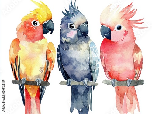 Watercolor Illustration of Tropical Animal Portraits - Exotic Kids Summer Print for Party - Cute Poster with Parrot and Cockatoo photo