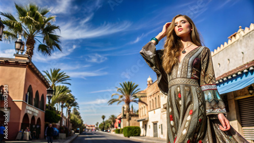 Young Beautiful Women in Bohemian Dress on Moroccan Streets. Boho girl in Marakkesh. Fashion and travel concept photo