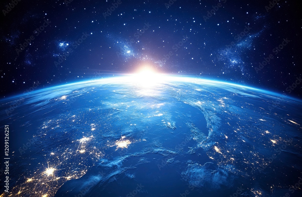 Fototapeta premium A wide shot of the Earth from space at night, with lights glowing on the city and urban areas around it, against a dark blue sky. The scene has an atmospheric and cinematic feel.