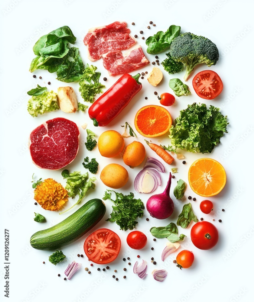 Flying Fresh Vegetables and Meat Composition on White Background Healthy Food Concept Flying Fresh Vegetables and Meat Composition on White Background Healthy Food Concept