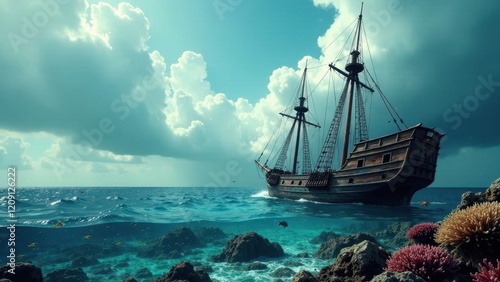 A weathered galleon sails on a vibrant ocean, its hull partially submerged, revealing a teeming underwater world of colorful coral and marine life beneath a dramatic sky.