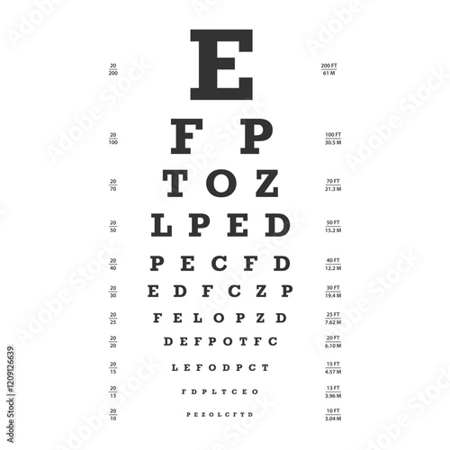 Snellen eye chart used for vision testing. It features rows of letters in decreasing size, with corresponding visual acuity measurements.