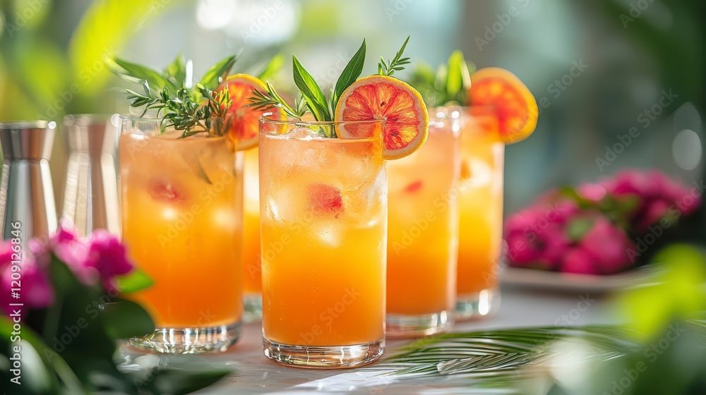 Refreshing Tropical Citrus Drinks with Garnish in Beautiful Setting Refreshing Tropical Citrus Drinks with Garnish in Beautiful Setting
