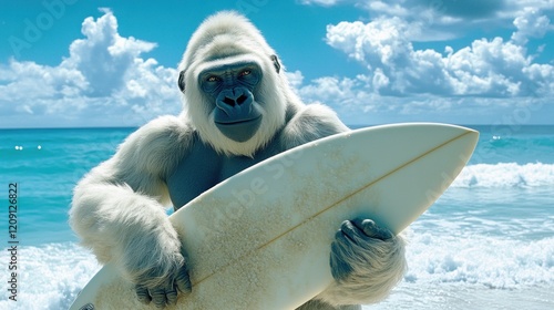 A majestic white gorilla stands on a beach, holding a surfboard, ready to surf. photo