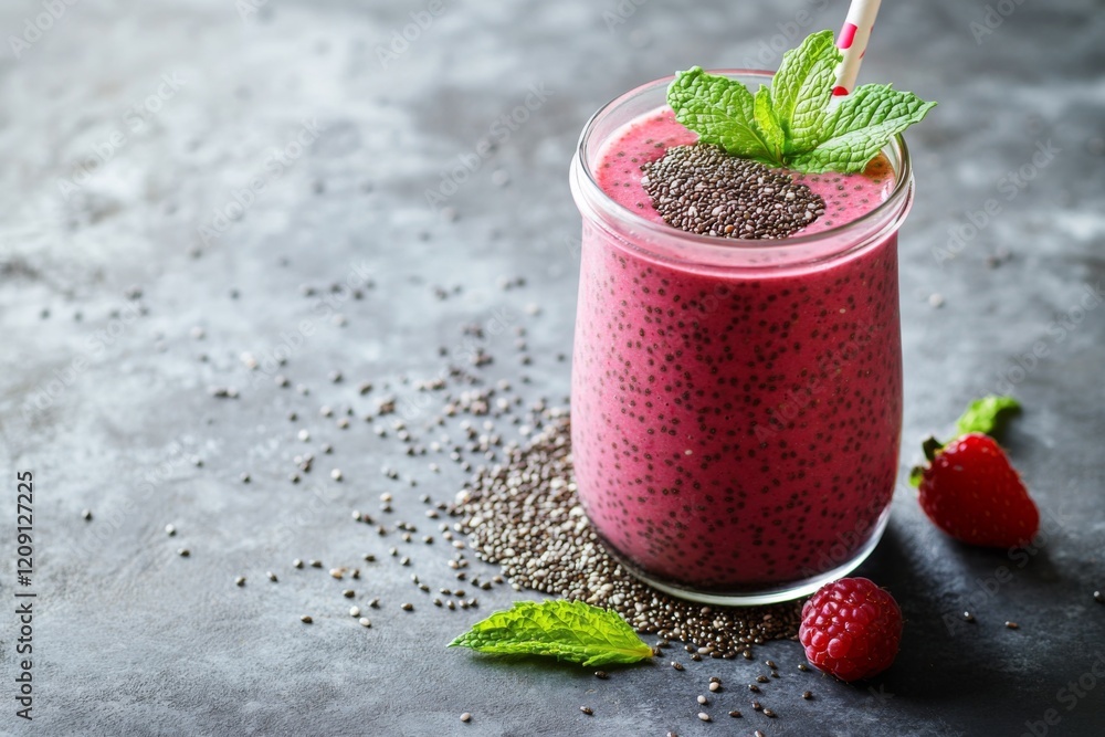 close-up of raspberry chia seeds smoothie in glass jar with raspberries and fresh mint leaves on table close-up of raspberry chia seeds smoothie in glass jar with raspberries and fresh mint leaves on table