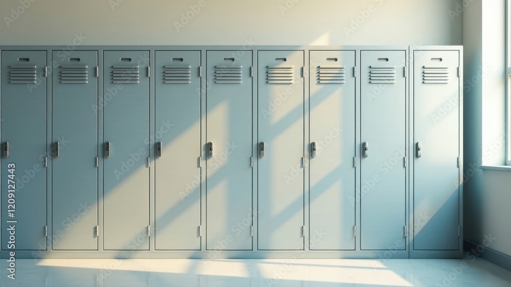 Sunlit Row of Closed Light Gray Metal Lockers in a Room Sunlit Row of Closed Light Gray Metal Lockers in a Room