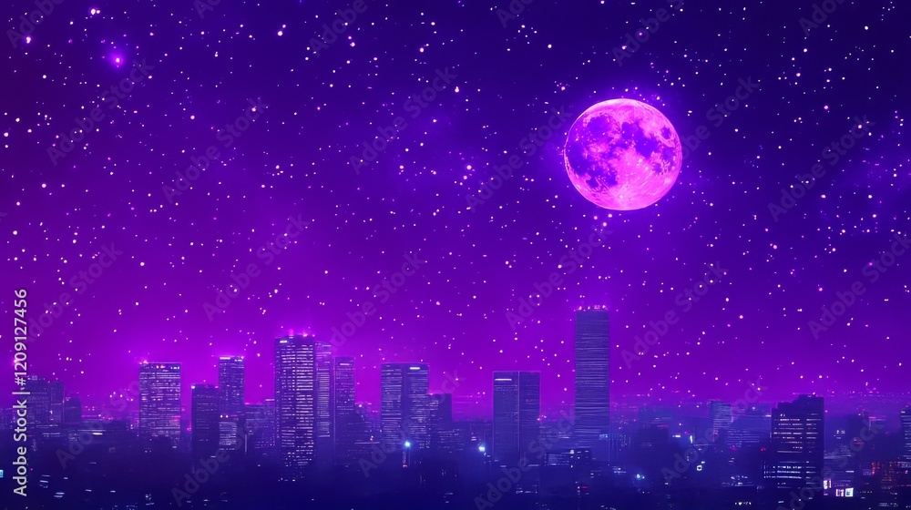 Fototapeta premium Purple Night Cityscape Underneath Gigantic Moon and Stars