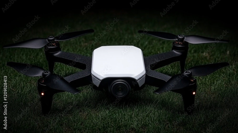 Fototapeta premium Quadcopter Drone on Grass, Night Photography