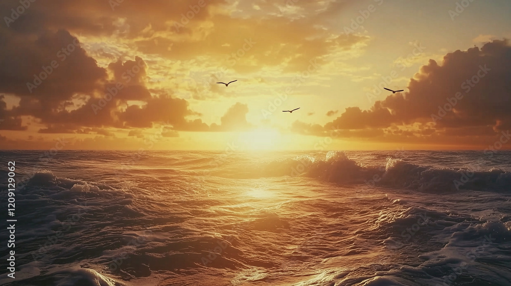 Obraz premium A stunning sunset over the ocean, with the golden glow reflecting on the gentle waves, seagulls silhouetted against the colorful sky as they fly across the horizon.