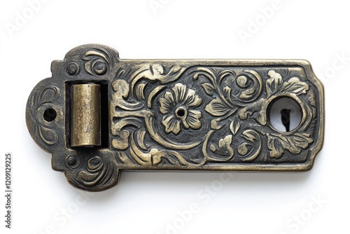 An old brass lock with faded engravings, isolated against a pristine white backdrop.