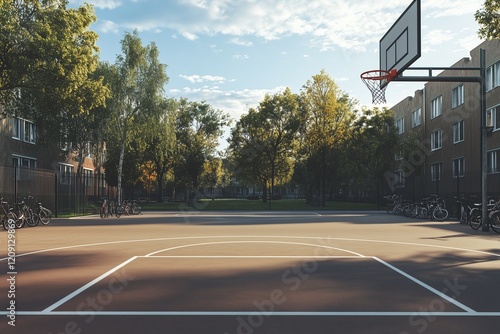 An open basketball court with a distant view of a quiet residential street and parked bicycles. photo