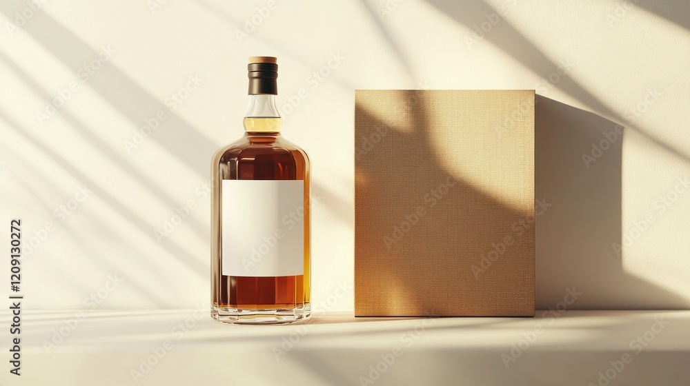 Amber liquid in glass bottle with blank label and cardboard box, sunlight. Amber liquid in glass bottle with blank label and cardboard box, sunlight.