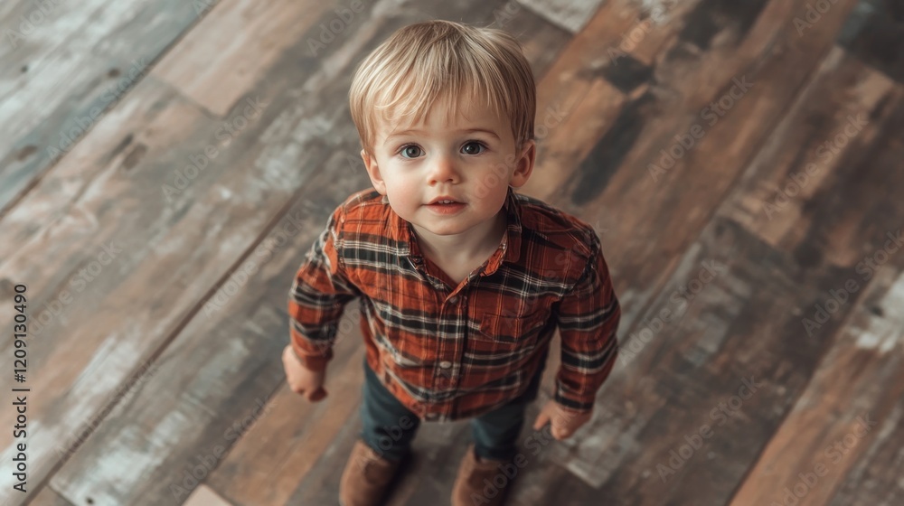 Adorable toddler boy looking up, standing on wood floor. Adorable toddler boy looking up, standing on wood floor.