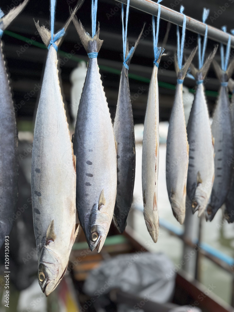 Fototapeta premium Close-up of dried mackerel hanging on blue ropes, showcasing traditional fish preservation methods with a rustic seafood market vibe.