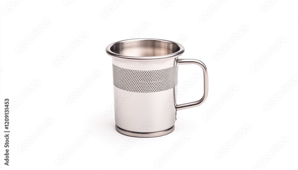 Stainless steel mug with a mesh band, placed on a clean surface, showcasing modern design aesthetics Stainless steel mug with a mesh band, placed on a clean surface, showcasing modern design aesthetics