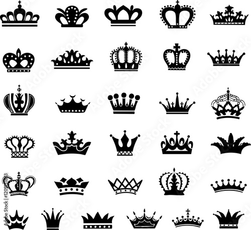 Black Crown Icons Set Royal King Queen Design Elements logo regal power tiara badge vector symbol   