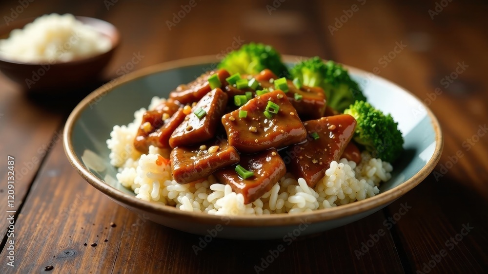 Savory Glazed Meat Cubes Served Over Fluffy Rice with Steamed Broccoli in a Rustic Bowl Savory Glazed Meat Cubes Served Over Fluffy Rice with Steamed Broccoli in a Rustic Bowl