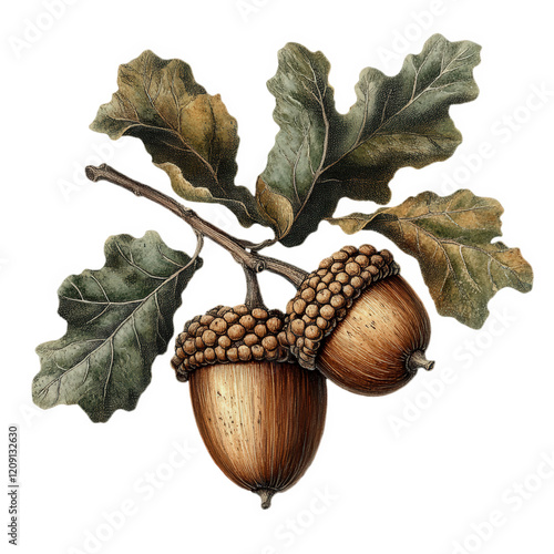 A detailed old botanical illustration of acorns isolated on a transparent background