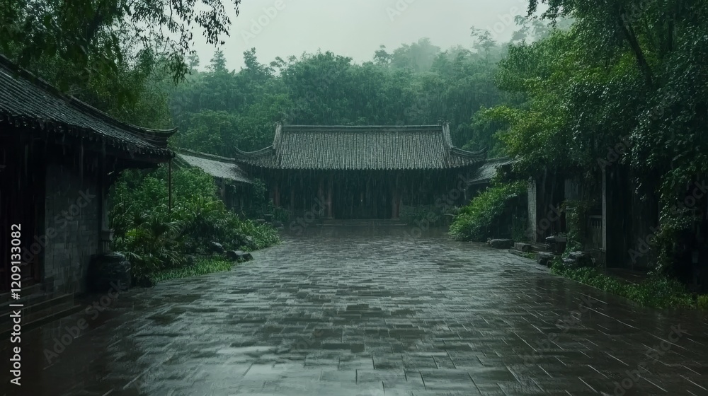 Fototapeta premium Rainy Day at Ancient Chinese Temple Complex