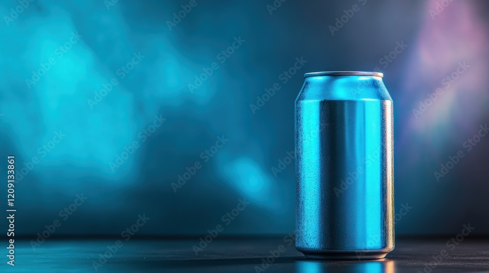 Sleek metallic can on dark surface with blue lighting. Sleek metallic can on dark surface with blue lighting.