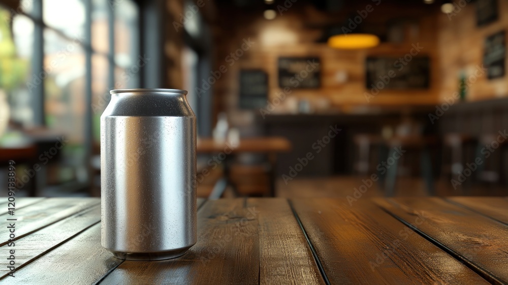 A sleek, silver aluminum can sits on a rustic wooden table in a blurred cafe background. A sleek, silver aluminum can sits on a rustic wooden table in a blurred cafe background.