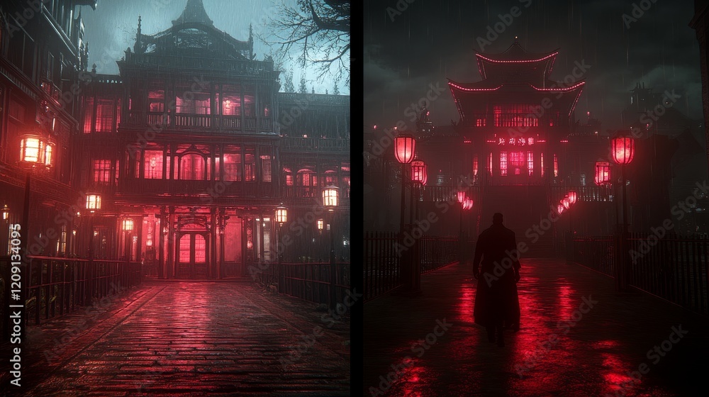 Naklejka premium Rainy Night Cityscape Illuminated Asian Architecture