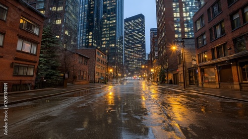 Rainy Night Cityscape Empty Street Reflecting Lights