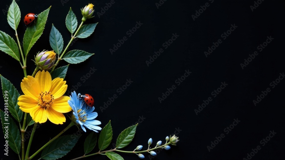 Obraz premium A vibrant arrangement of yellow and blue wildflowers, delicately adorned with ladybugs, creates a stunning contrast against a deep black backdrop, offering a space for text or design elements.