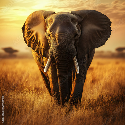Elephant Silhouette at Sunset:  A majestic African elephant, its silhouette outlined against a fiery sunset, walks through the long grass of the savanna.