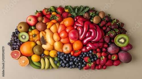 Colorful fruit and vegetable arrangement in brain shape. photo