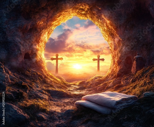 Resurrection Scene at Sunset with Empty Cave and Crosses in Silhouette photo