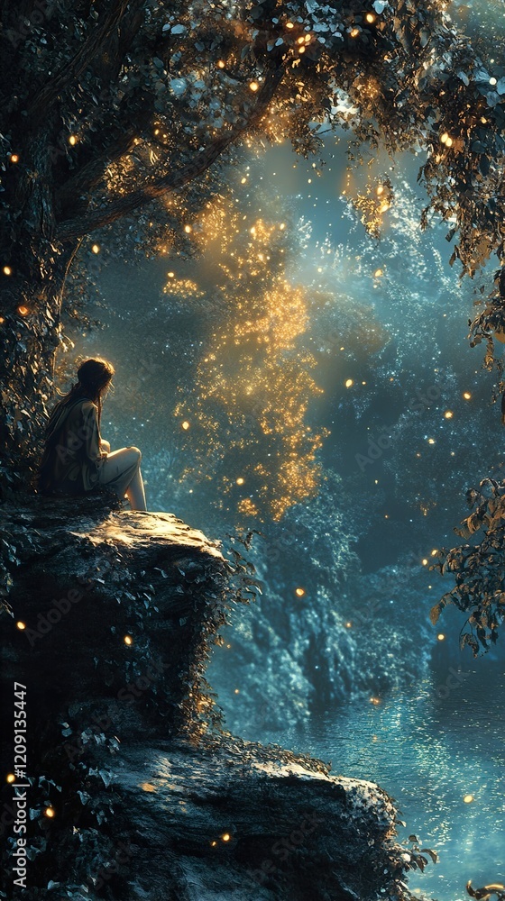 Obraz premium Enchanted Forest: A Woman Contemplates the Magical Night