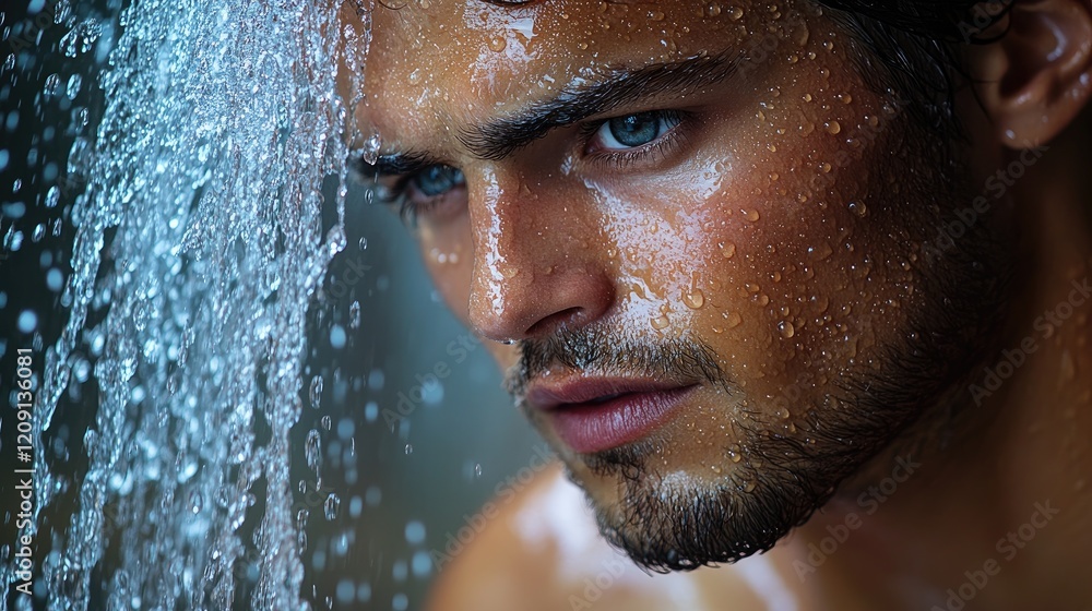 Man showering, water droplets, intense gaze, dark background, beauty product