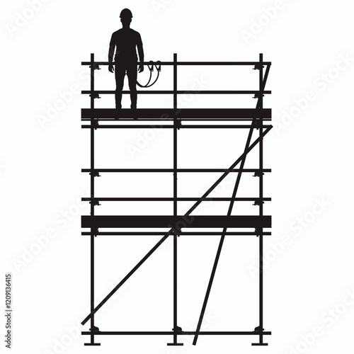 Worker stand on the two layer of scaffolding with safety harness. Black and white of vector illustration.