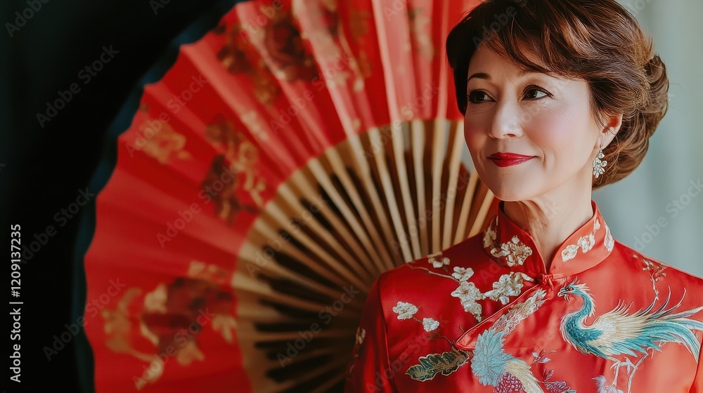 Fototapeta premium Elegant Woman in Red Cheongsam with Phoenix Design