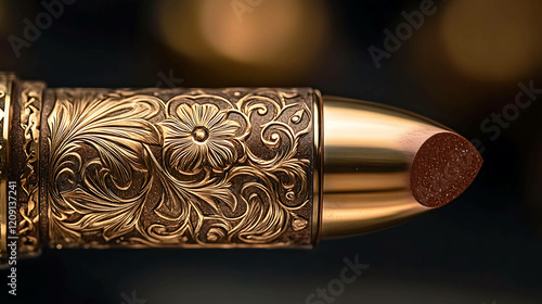 Close-up of a lipstick bullet with intricate engraved patterns photo