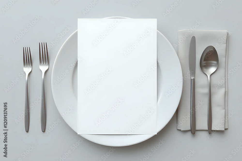 Empty menu, plate, cutlery and napkin on light grey table, top view. Mockup for design Empty menu, plate, cutlery and napkin on light grey table, top view. Mockup for design