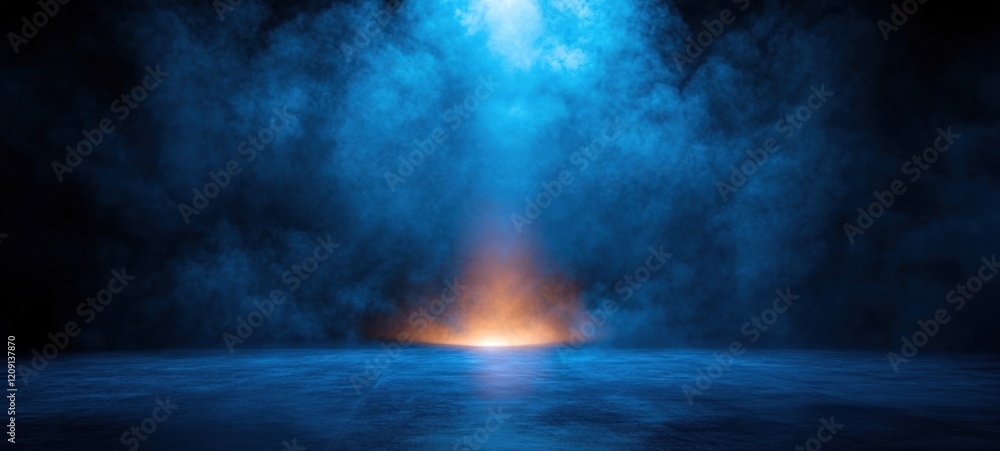 Dark Blue Foggy Studio Room with Glossy Floor for Product Display Background Dark Blue Foggy Studio Room with Glossy Floor for Product Display Background