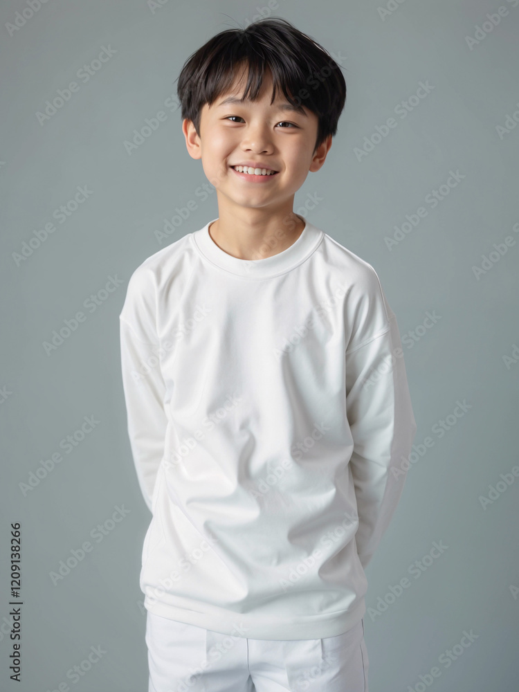 Tshirt for Kids, Apparel Mockup - Relaxed Young Boy Model in White Long Sleeve Tshirt Front View Tshirt for Kids, Apparel Mockup - Relaxed Young Boy Model in White Long Sleeve Tshirt Front View